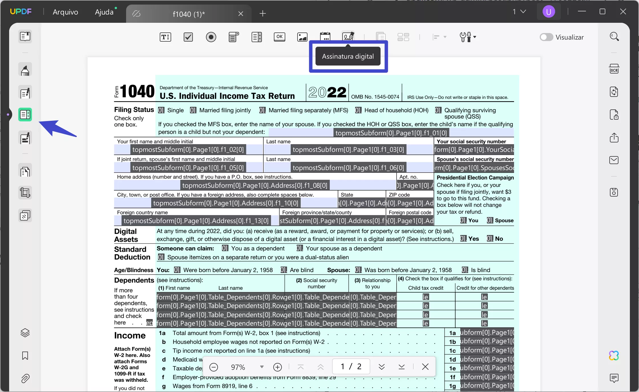 como tornar um pdf assinável escolha assinatura digital para tornar o PDF assinável com UPDF