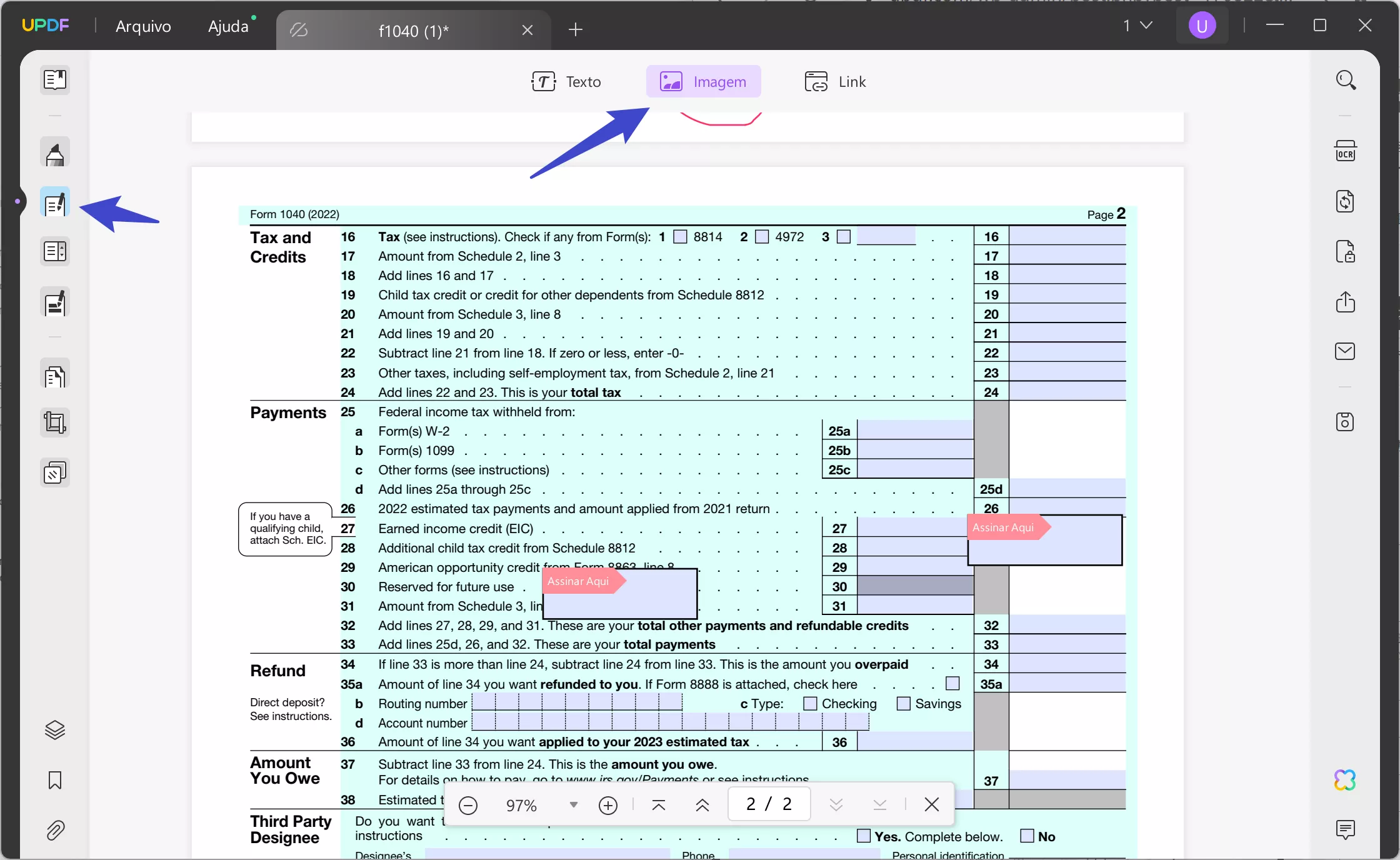 como tornar um pdf assinável use o recurso de imagem para tornar o PDF assinável com UPDF