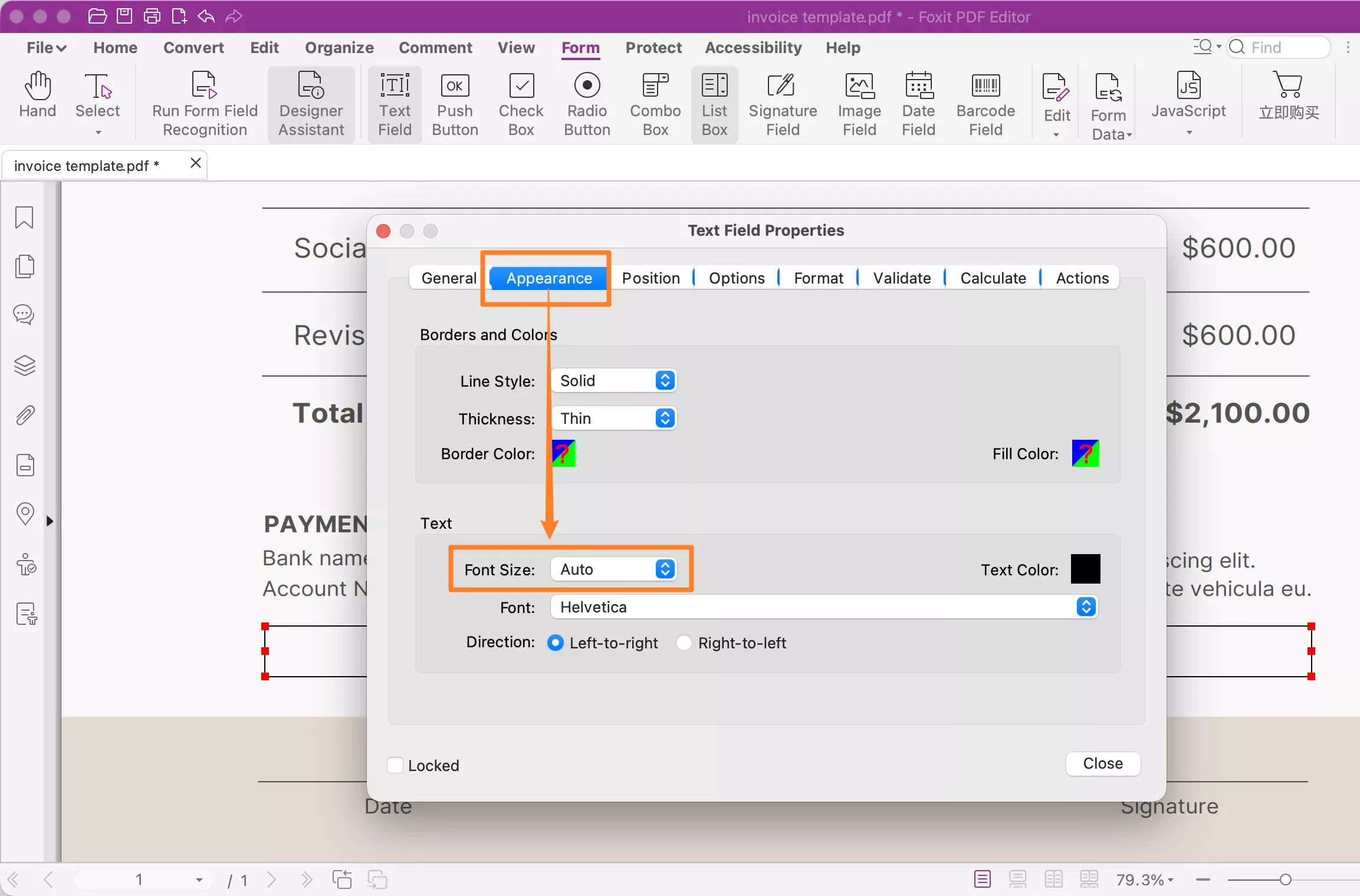 adjust font size in the properties dialog