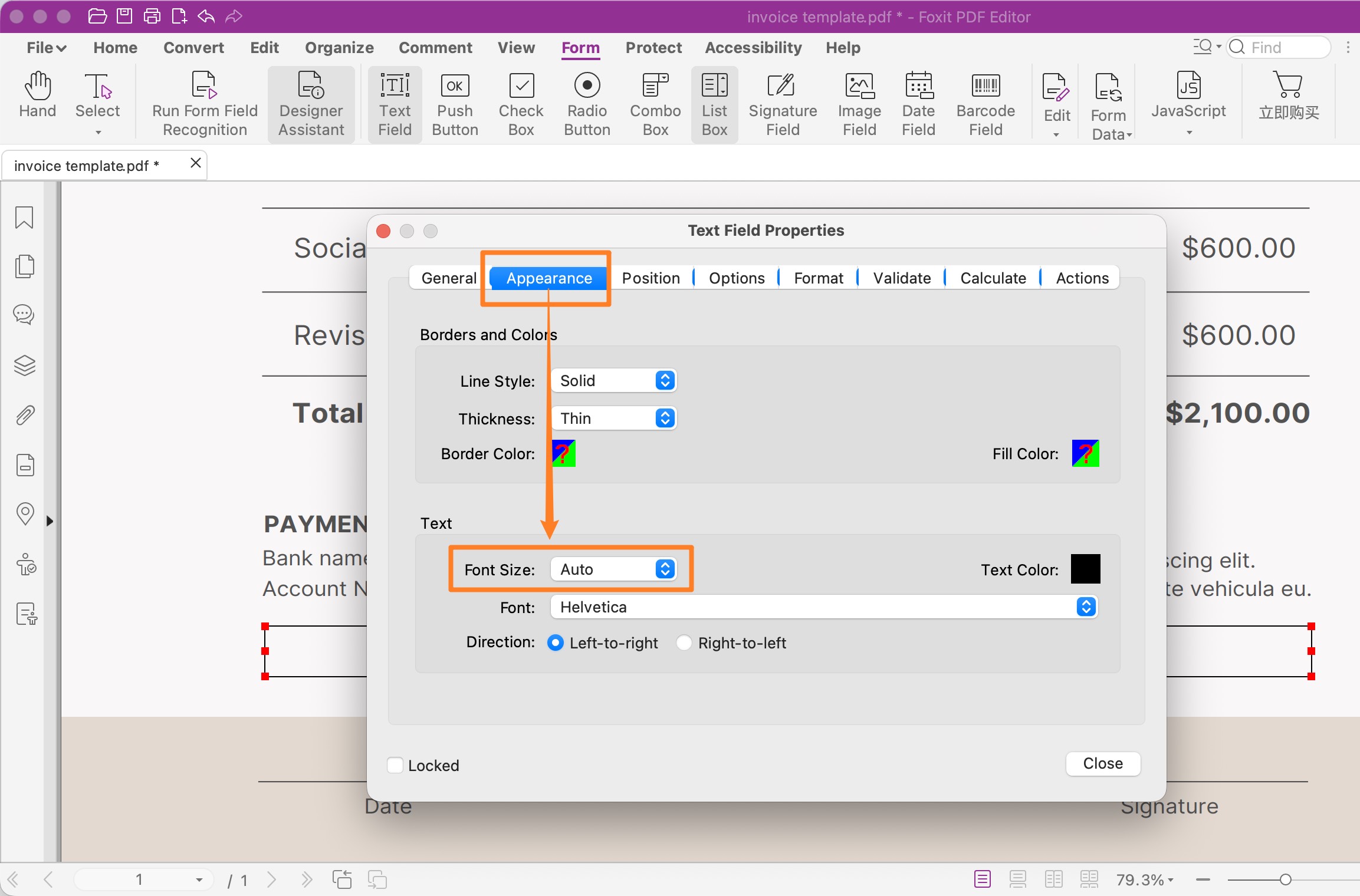 adjust font size in the properties dialog
