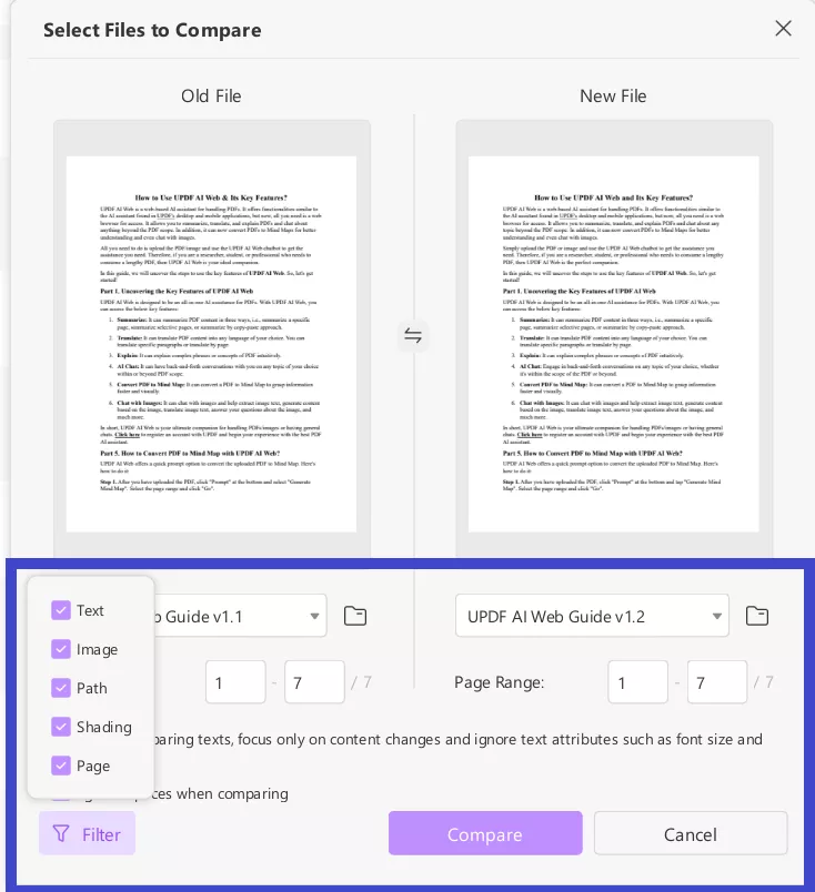 adjust page range and customize the other filters click compare