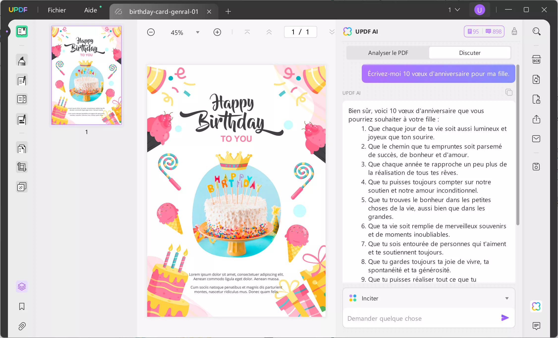 Vœux d'anniversaire générés par l'IA UPDF