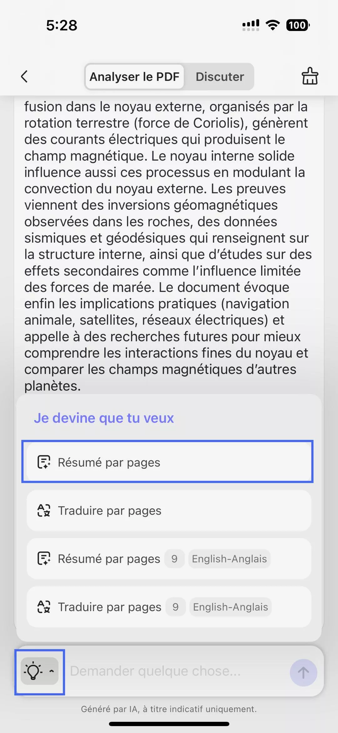 Résumé du texte par numéro de page