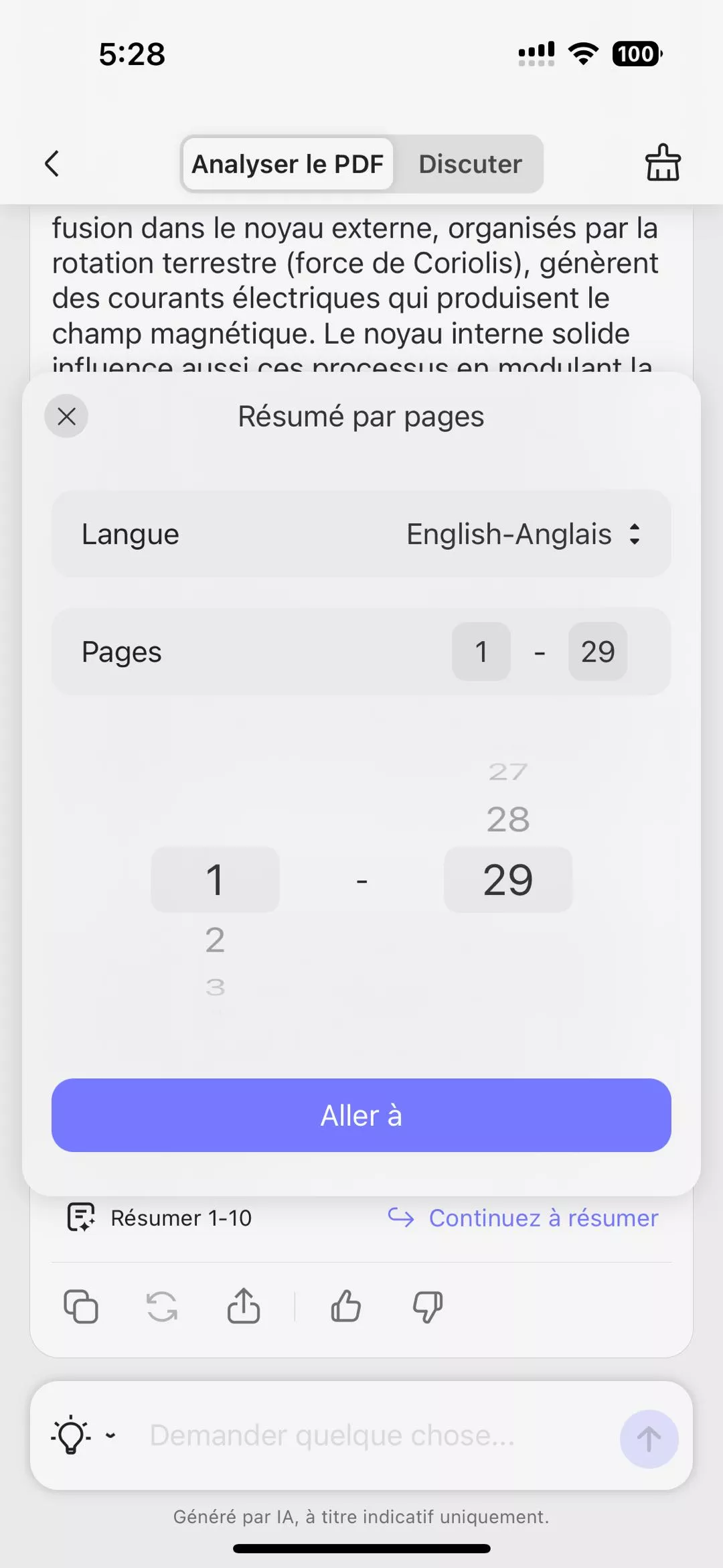 Résumé du texte par numéro de page