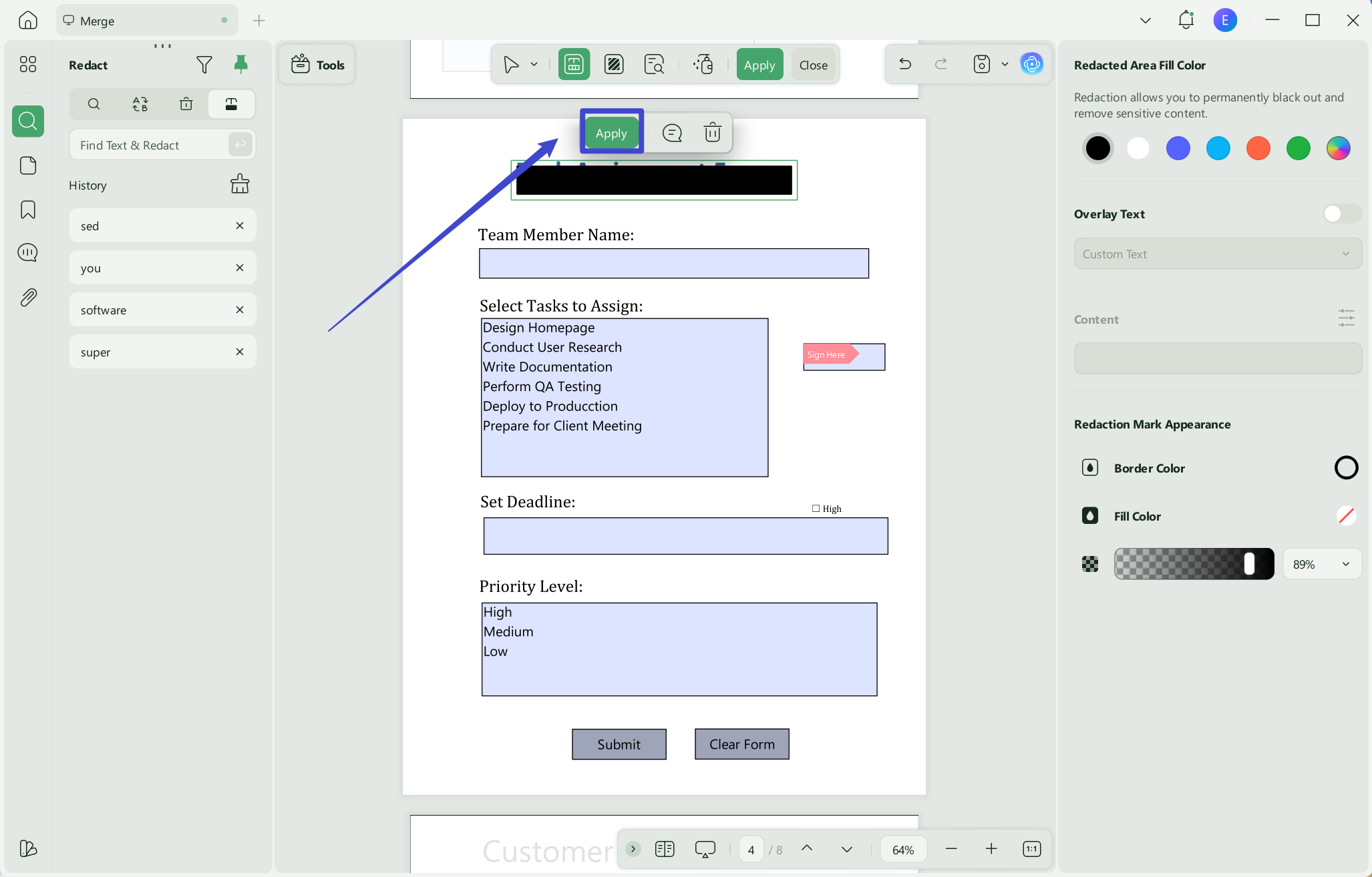 how to redact in excel apply
