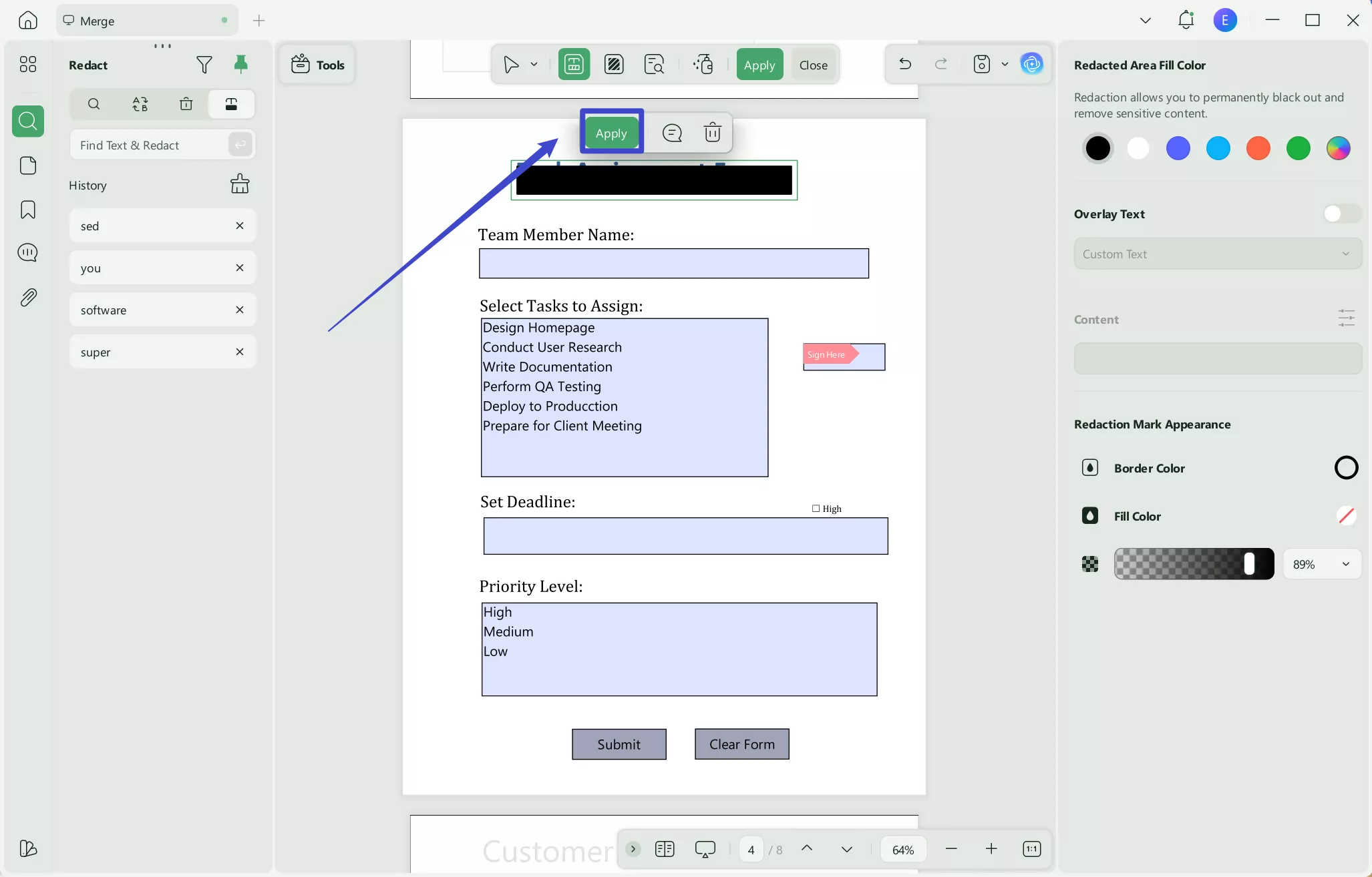 how to redact in excel apply