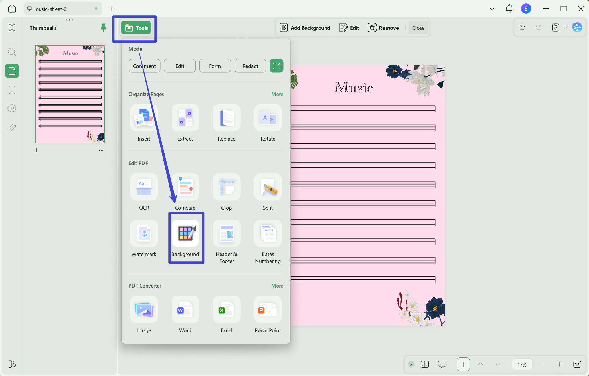 Open the Background tool in UPDF to print a PDF without background