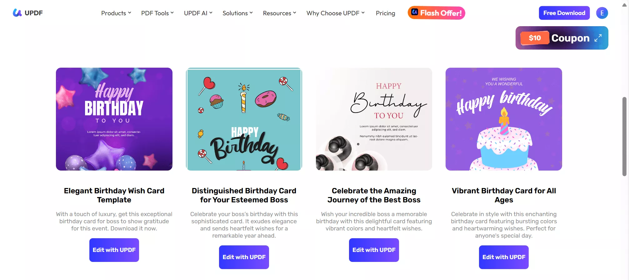 browse through free birthday templates in UPDF