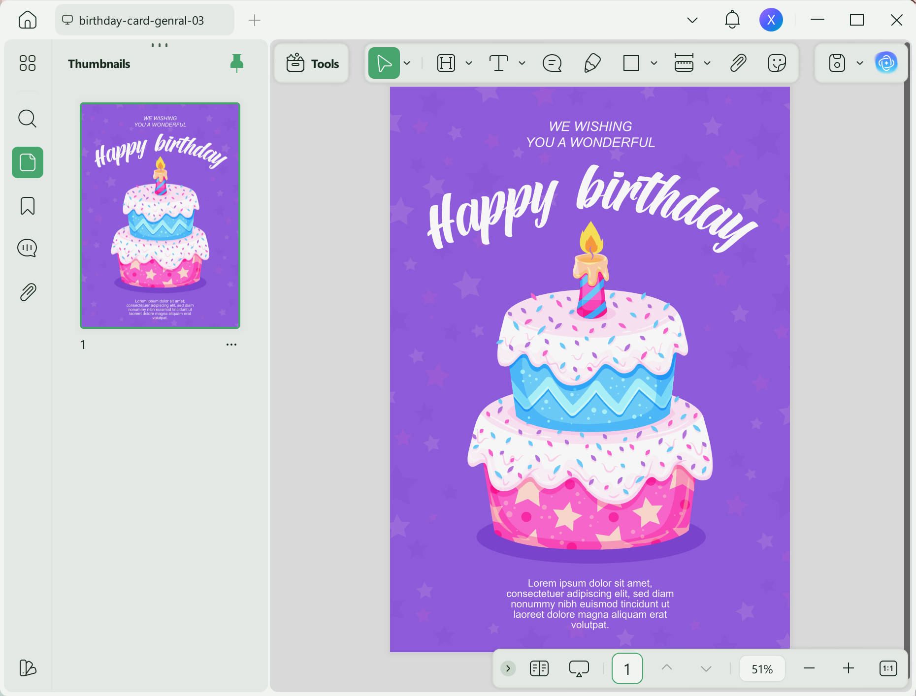 open the birthday card template in updf.
