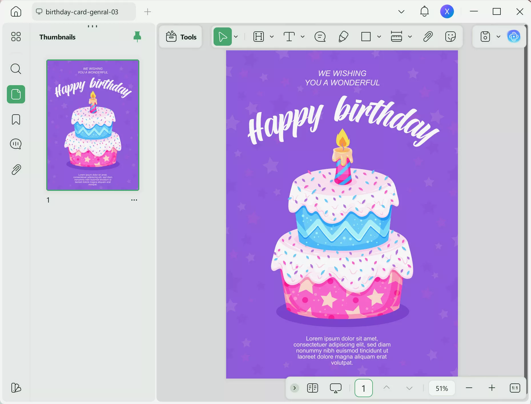 open the birthday card template in updf.