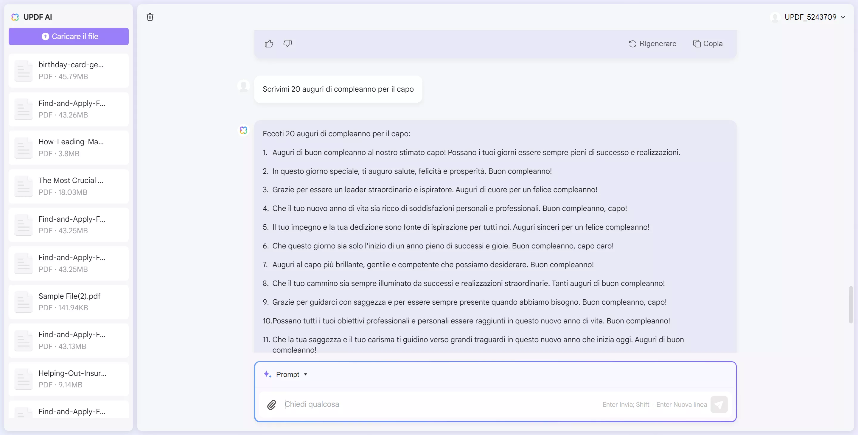 Genera auguri di compleanno per il capo utilizzando UPDF AI