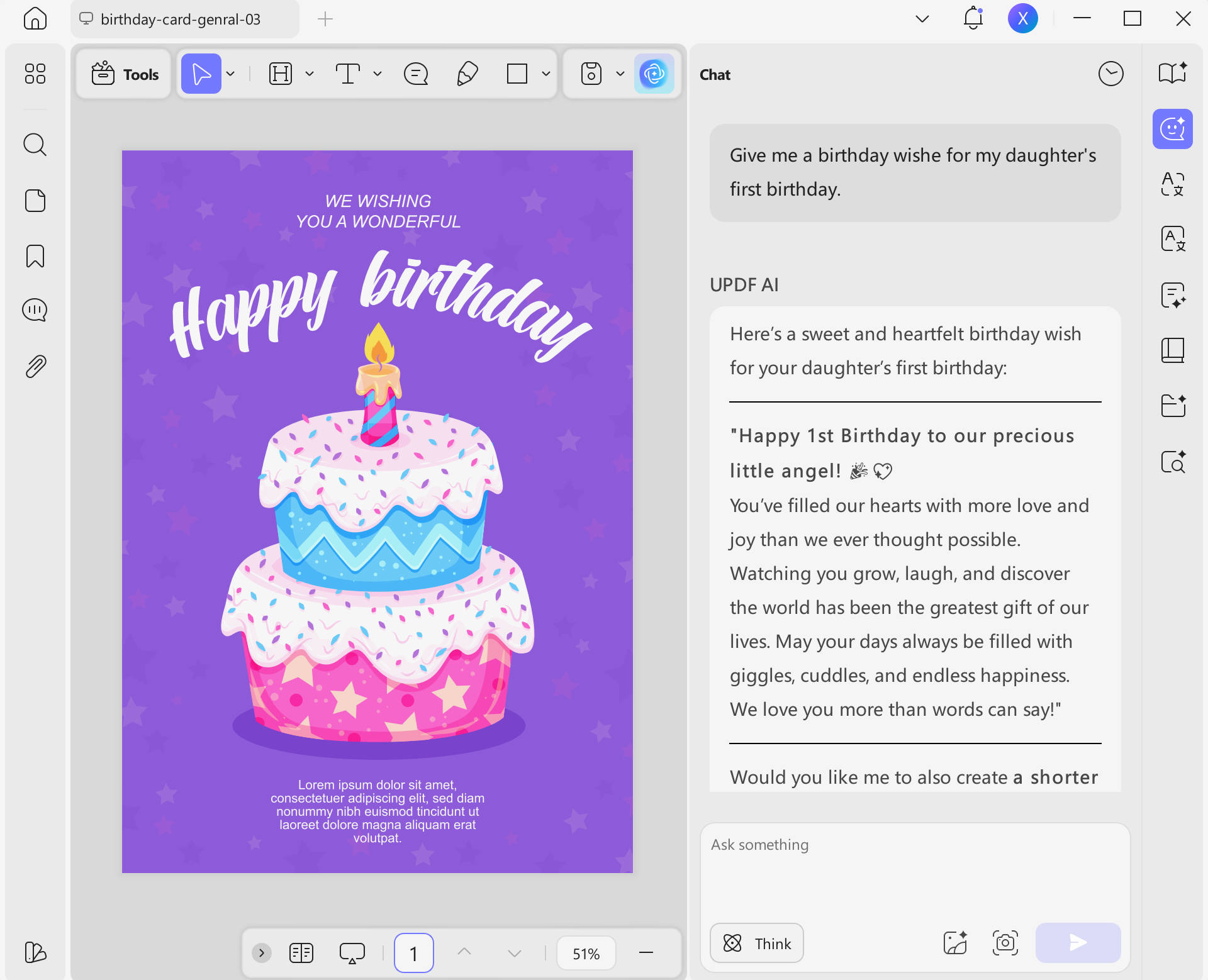 first birthday wishes enter prompt for birthday wish to UPDF
