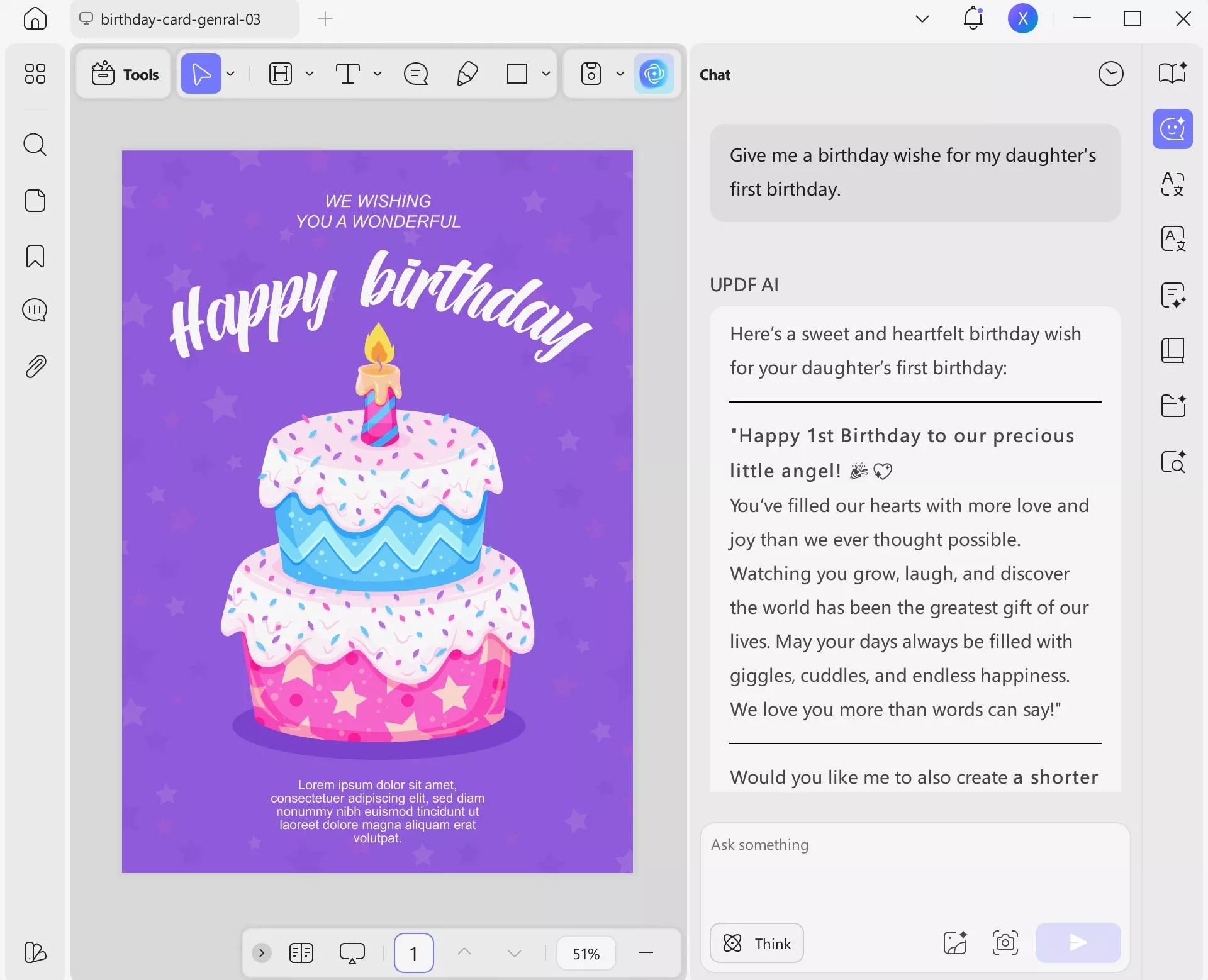 first birthday wishes enter prompt for birthday wish to UPDF