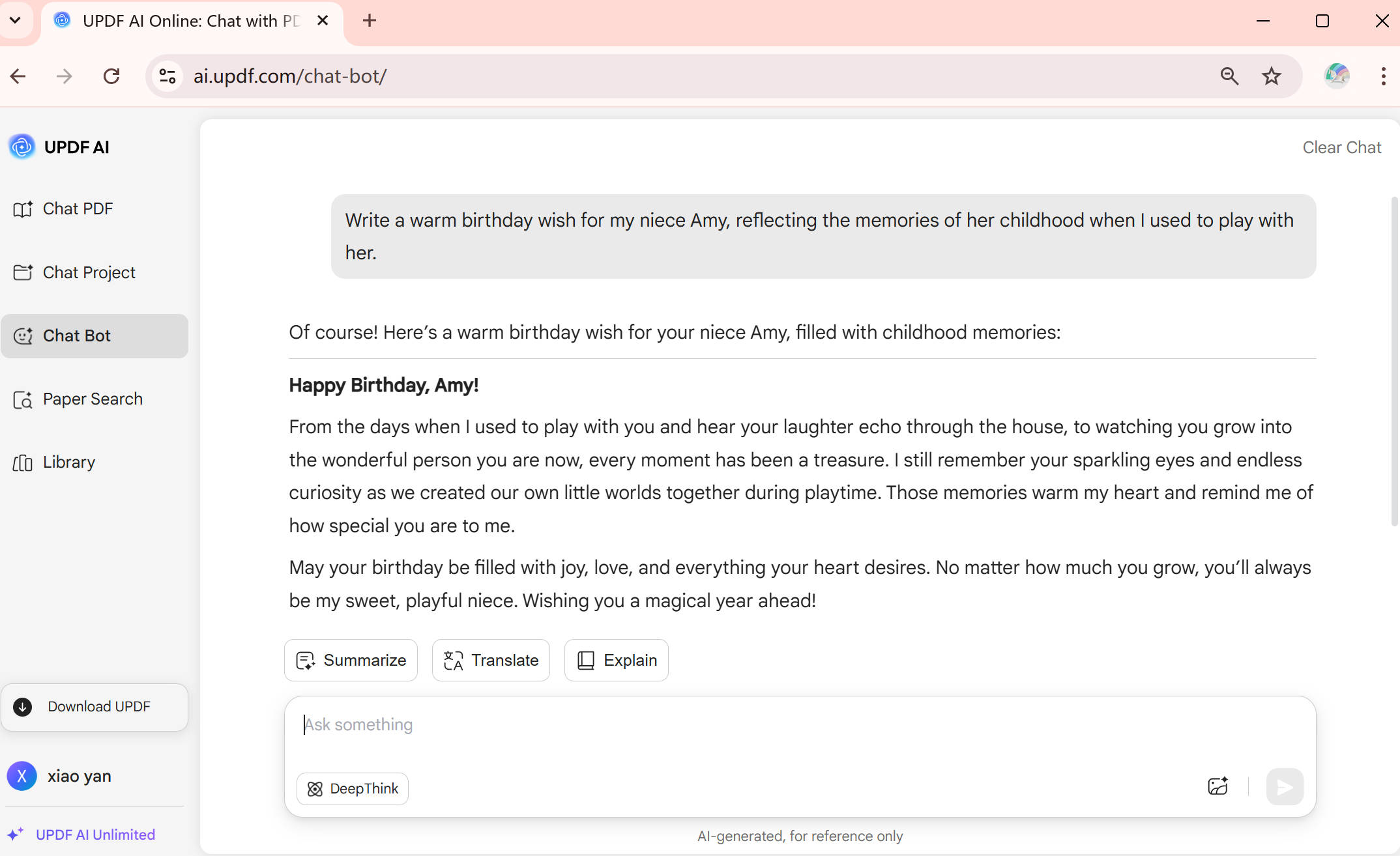birthday wish for niece generated by updf online ai assistant.