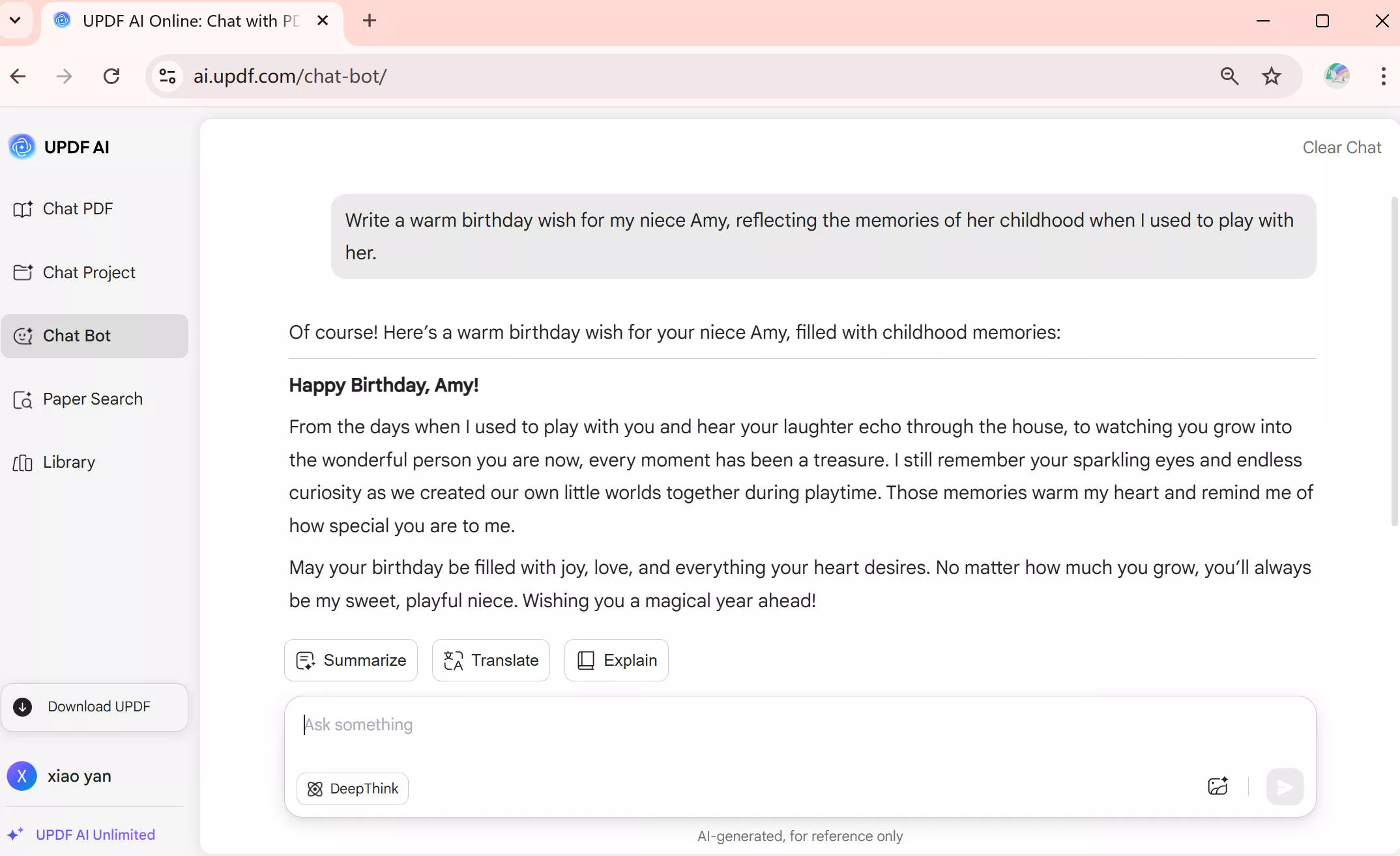 birthday wish for niece generated by updf online ai assistant.