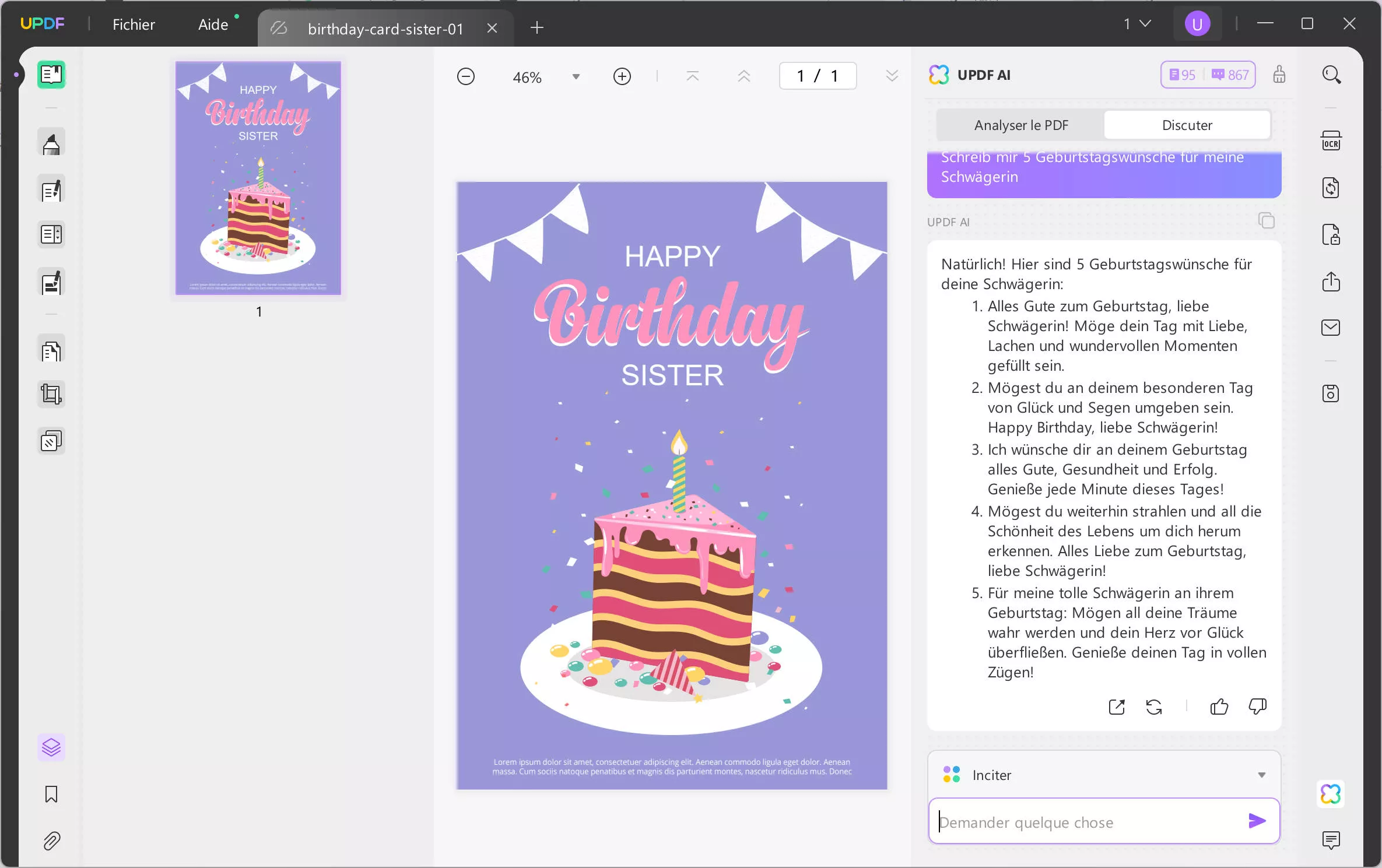UPDF KI generierte Geburtstagswünsche