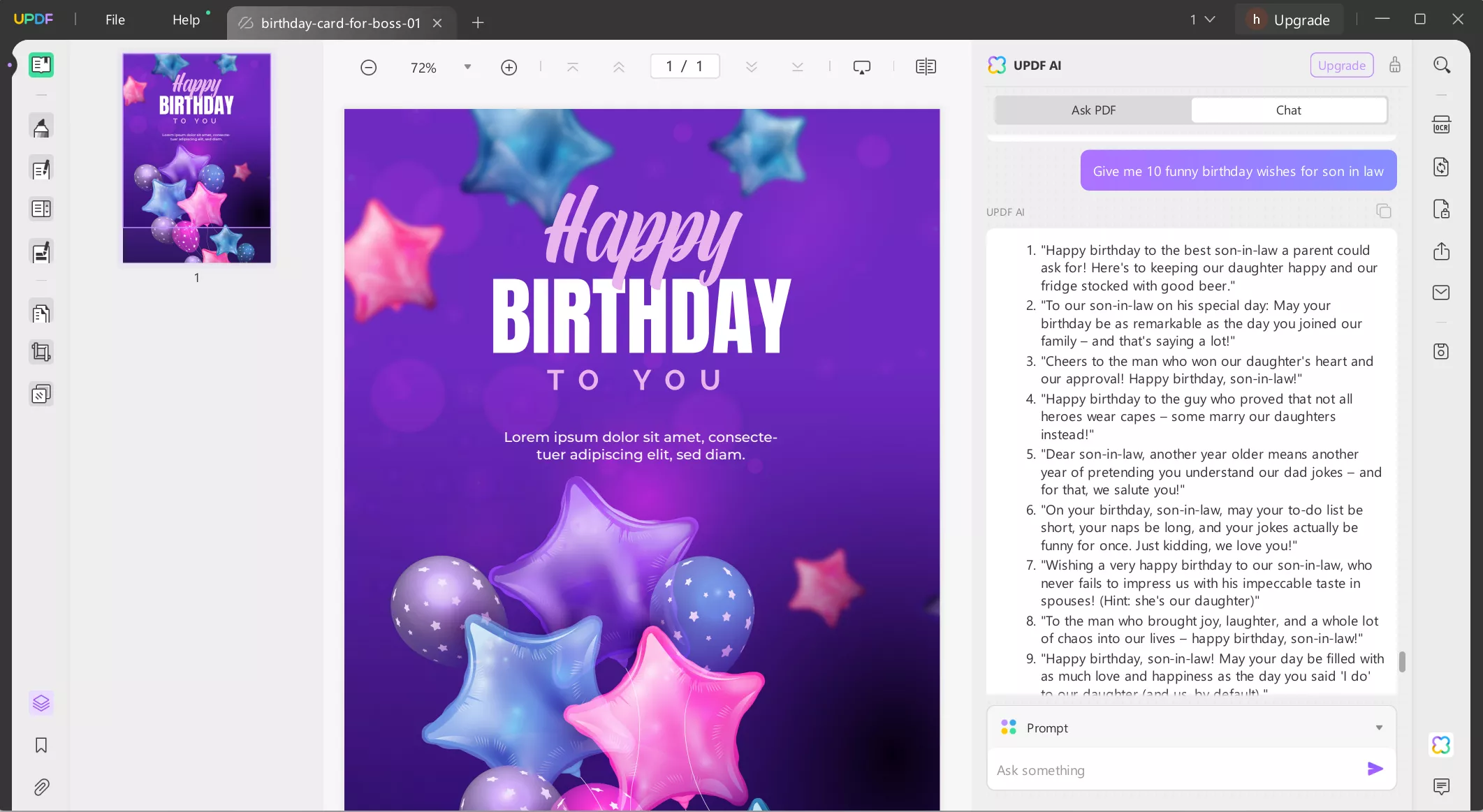 generate the birthday wishes for son in law with UPDF AI