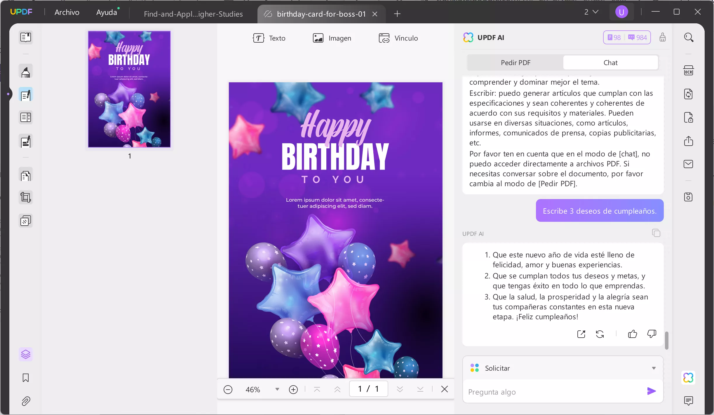 Crea deseos de cumpleaños con updf ai