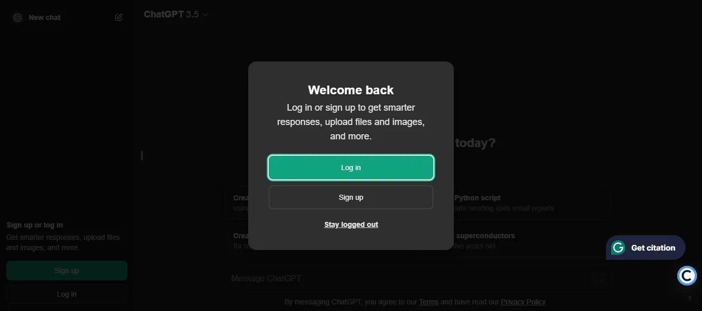 sign up or log in with chatgpt
