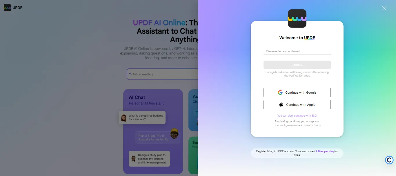 create an account or log in with UPDF’s online ai assistant