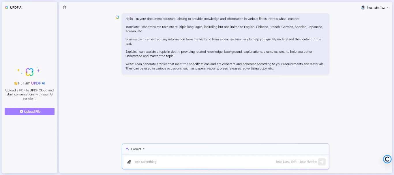 updf’s online ai assistant interface.