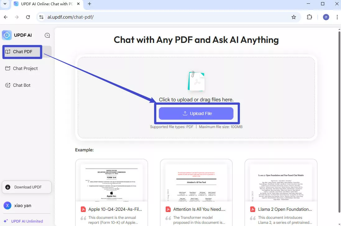 upload file updf ai chat pdf
