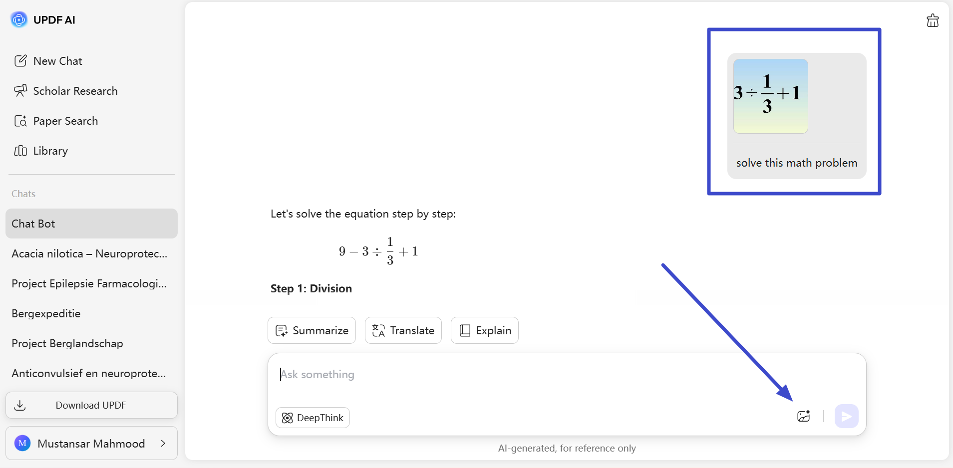 solve a math problem with updf ai