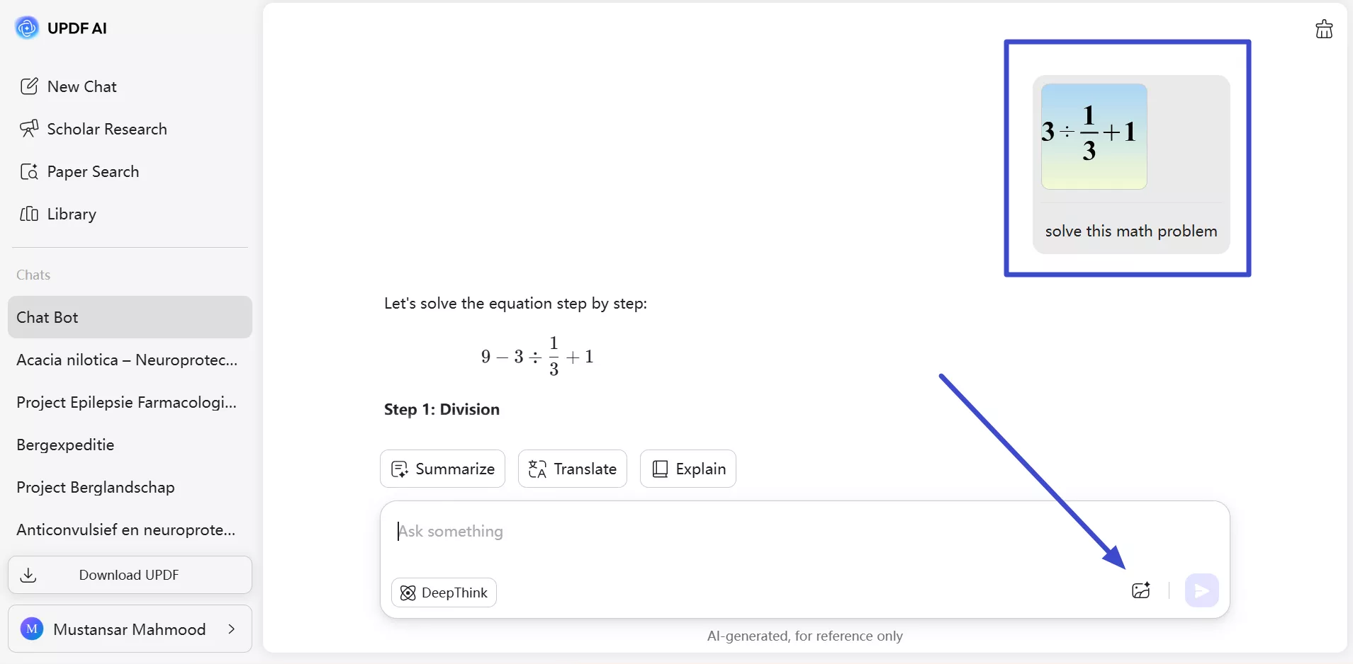solve a math problem with updf ai