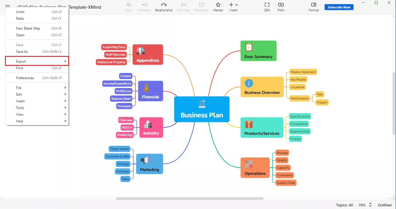 click export in the xmind menu