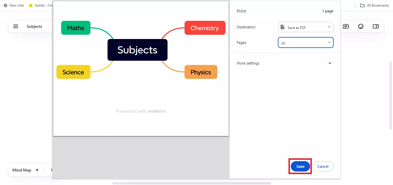 cliquez sur Enregistrer pour enregistrer votre fichier xmind au format PDF avec xmind en ligne