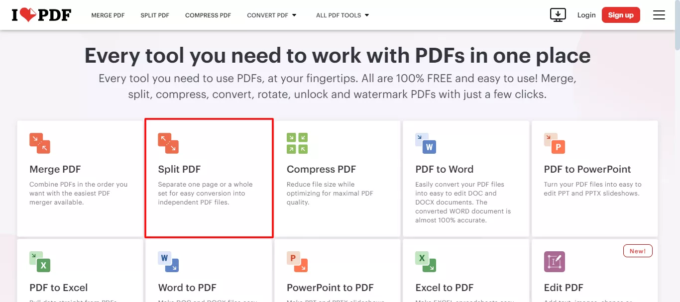 click the split pdf option in ilovepdf