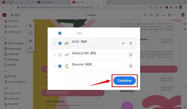 click the combine button in the acrobat