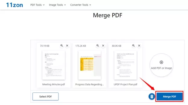 click the merge pdf button in 11zon