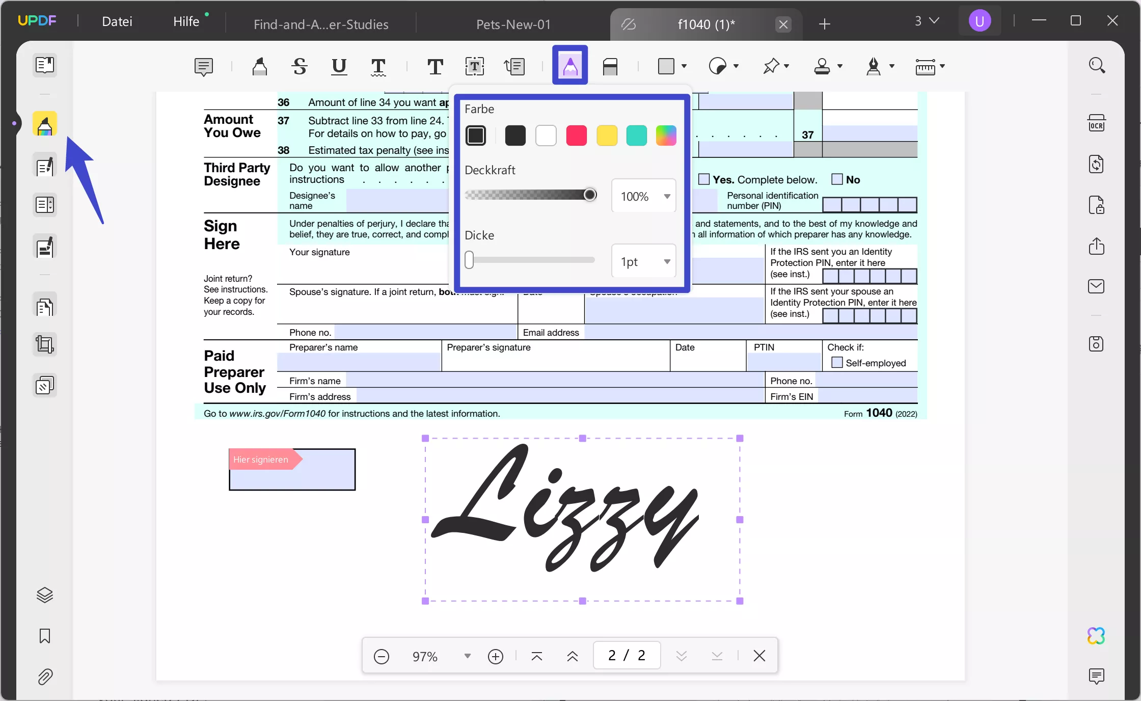 So machen Sie eine PDF-Datei unterschreibbar. Wählen Sie mit UPDF den Stift aus.