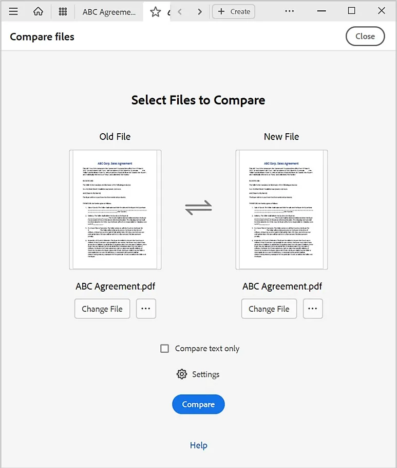 compare pdf adobe select files to compare