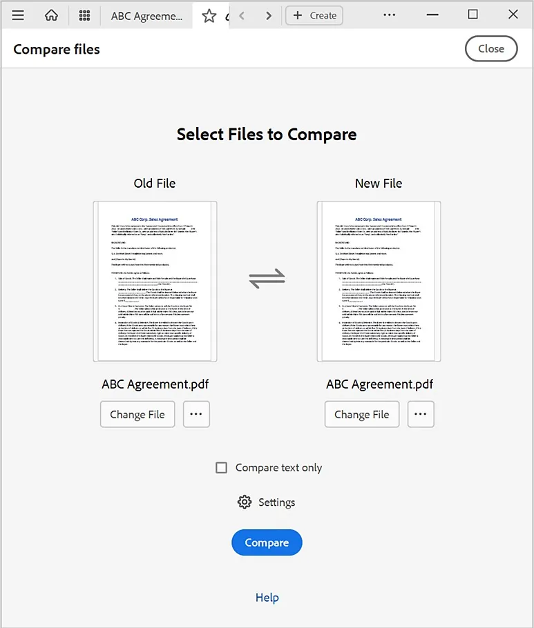 PDF vergleichen Adobe Dateien zum Vergleichen auswählen