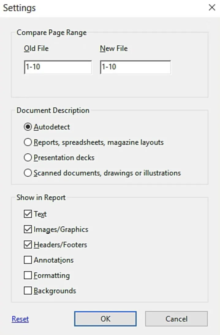 compare pdf adobe modify comparison settings