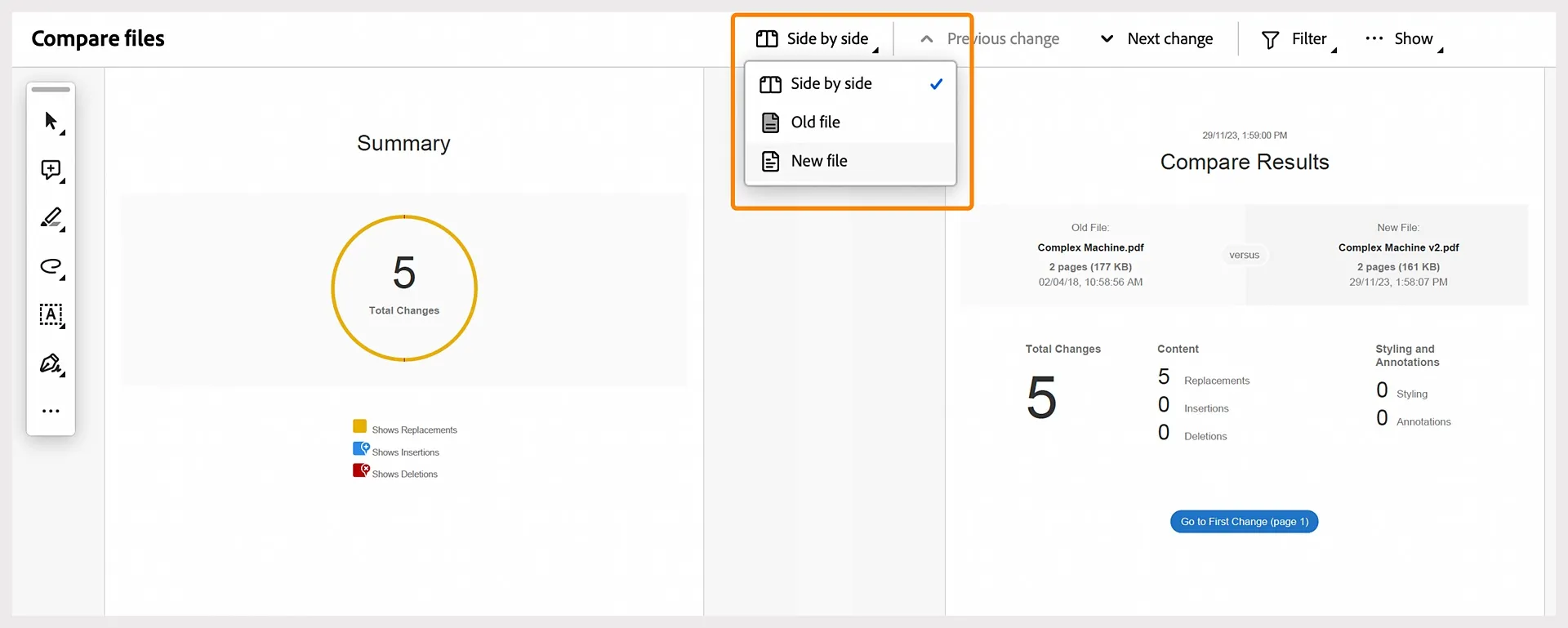 compare pdf adobe  select files