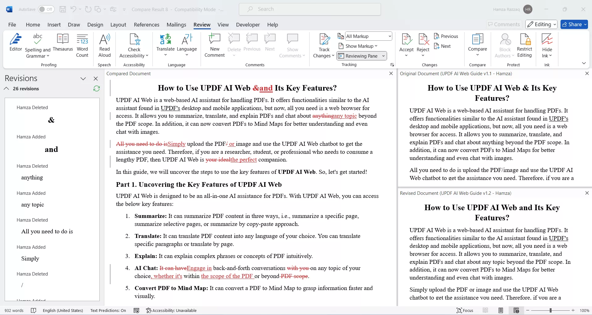 compare two word documents directly from microsoft word