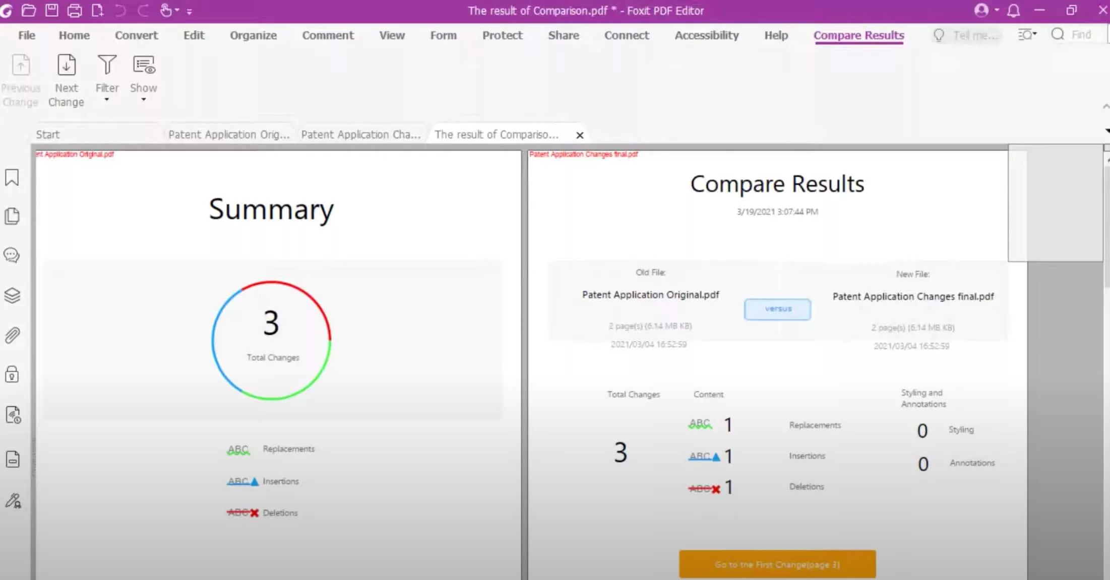 comparing report for the pdf files with foxit