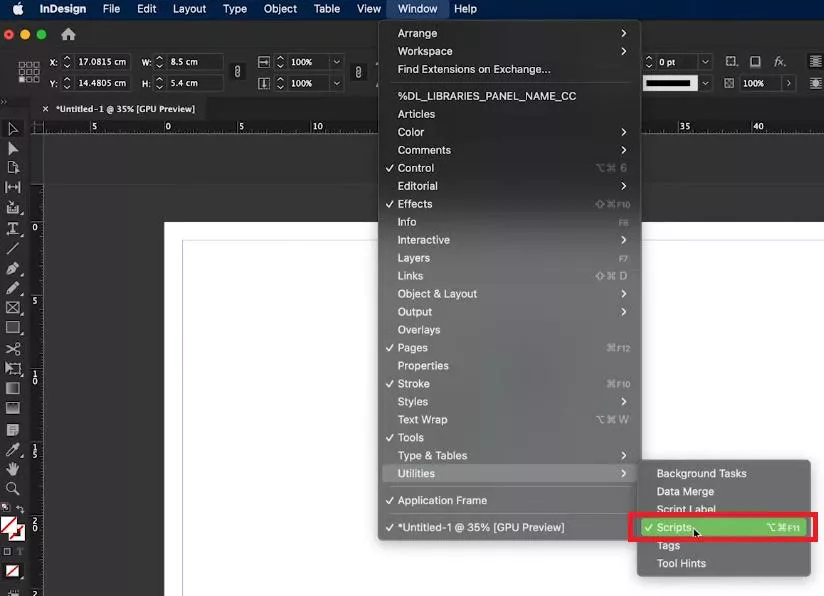 crop marks indesign enable Scripts in the Window menu in indesign