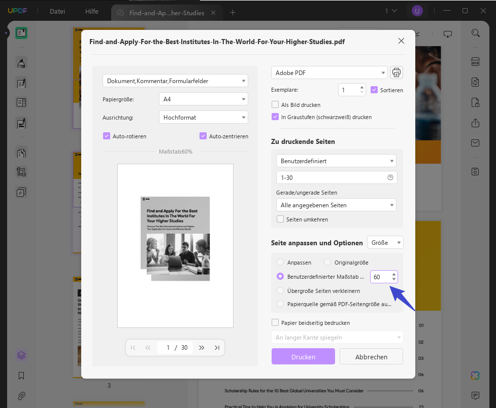 Wie drucke ich ein vergrößertes PDF-Ausgabeformat?
