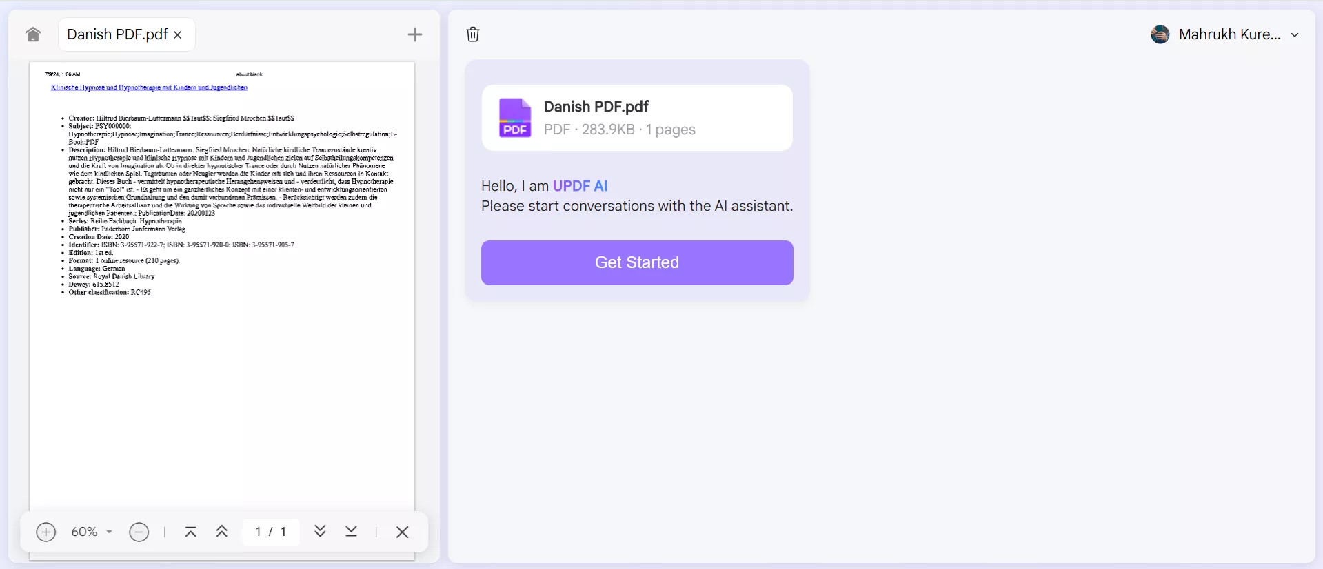 click on get started to analyze the Danish PDF with UPDF's Online AI Assistant