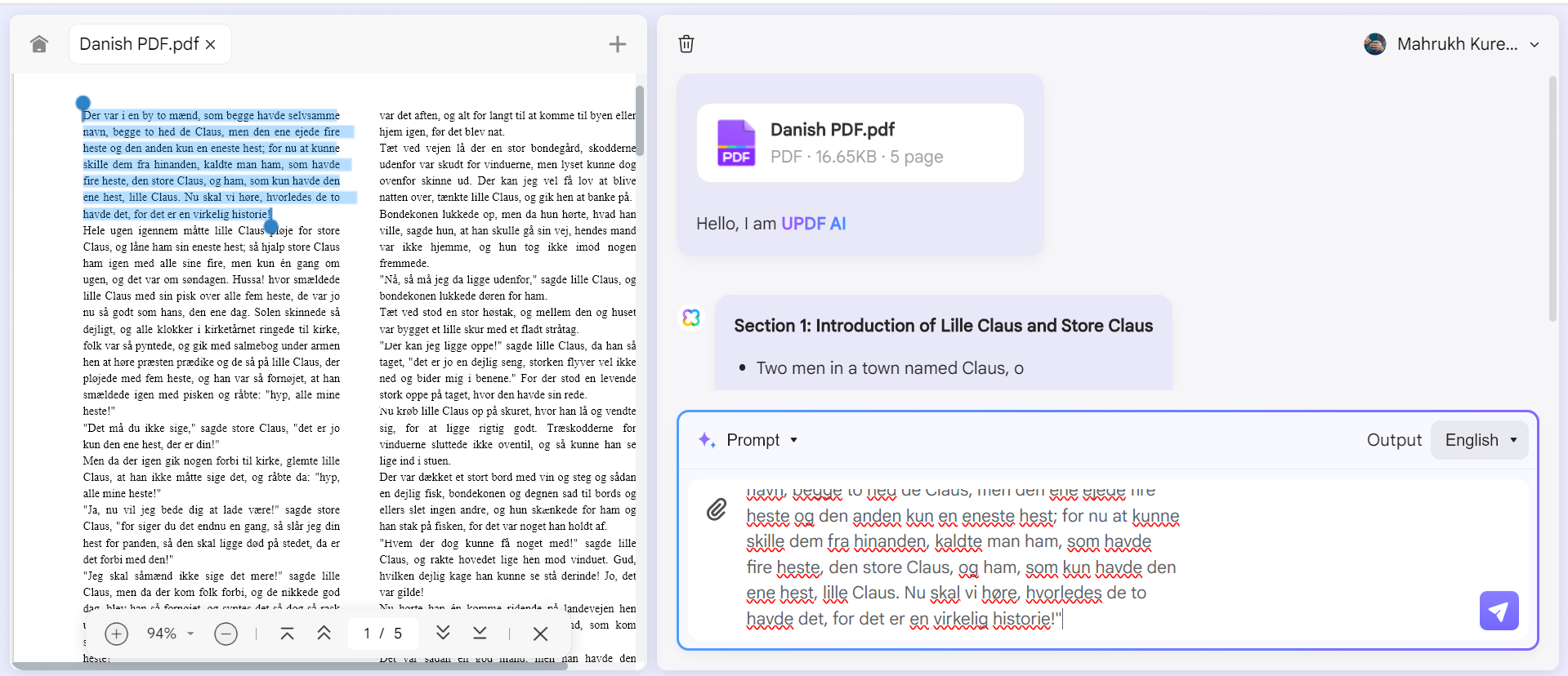select text to translate and enter the relevant prompt with UPDF's Online AI Assistant