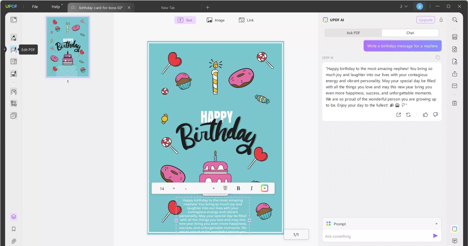 edit the birthday wish card template with UPDF