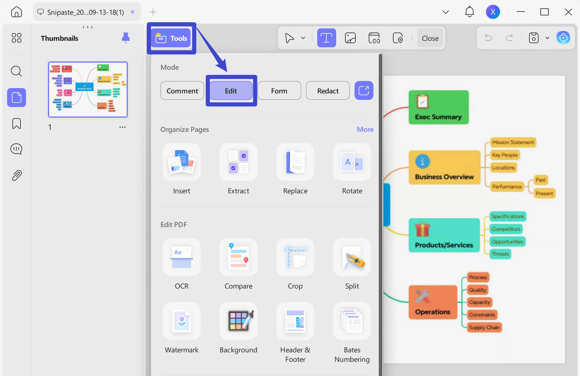 click on the edit pdf to edit the pdf mind map with updf