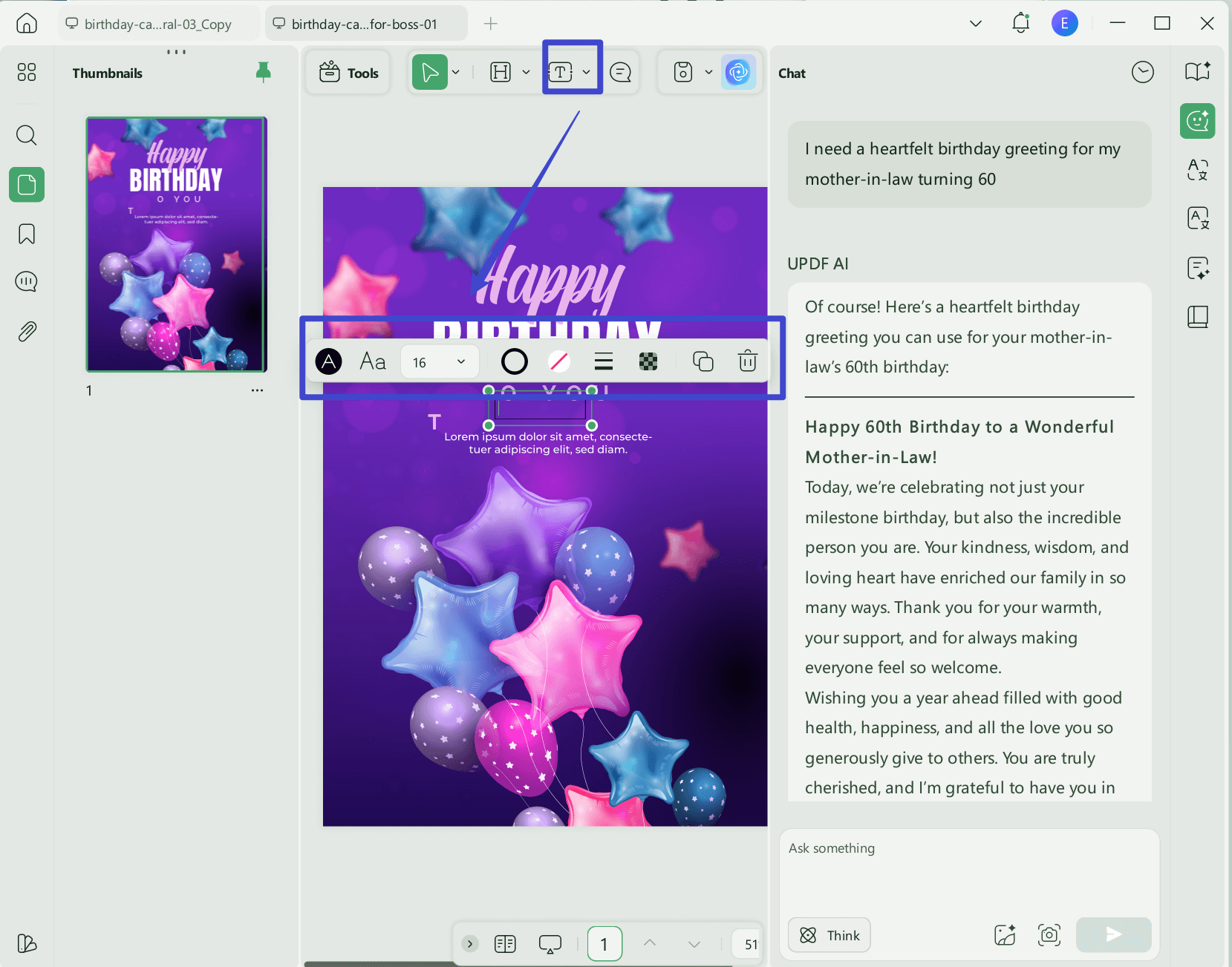 edit text in the birthday wishes template with updf