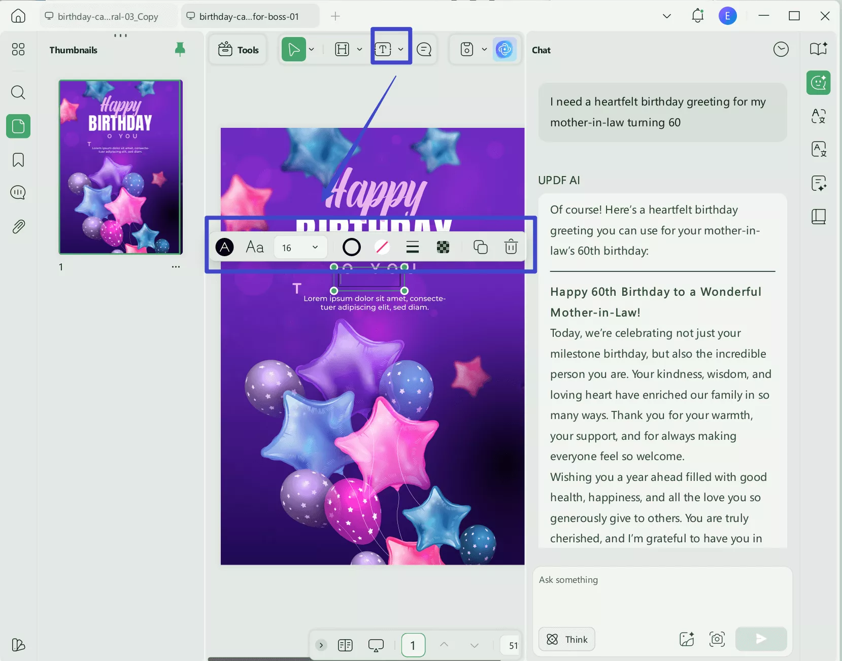 edit text in the birthday wishes template with updf