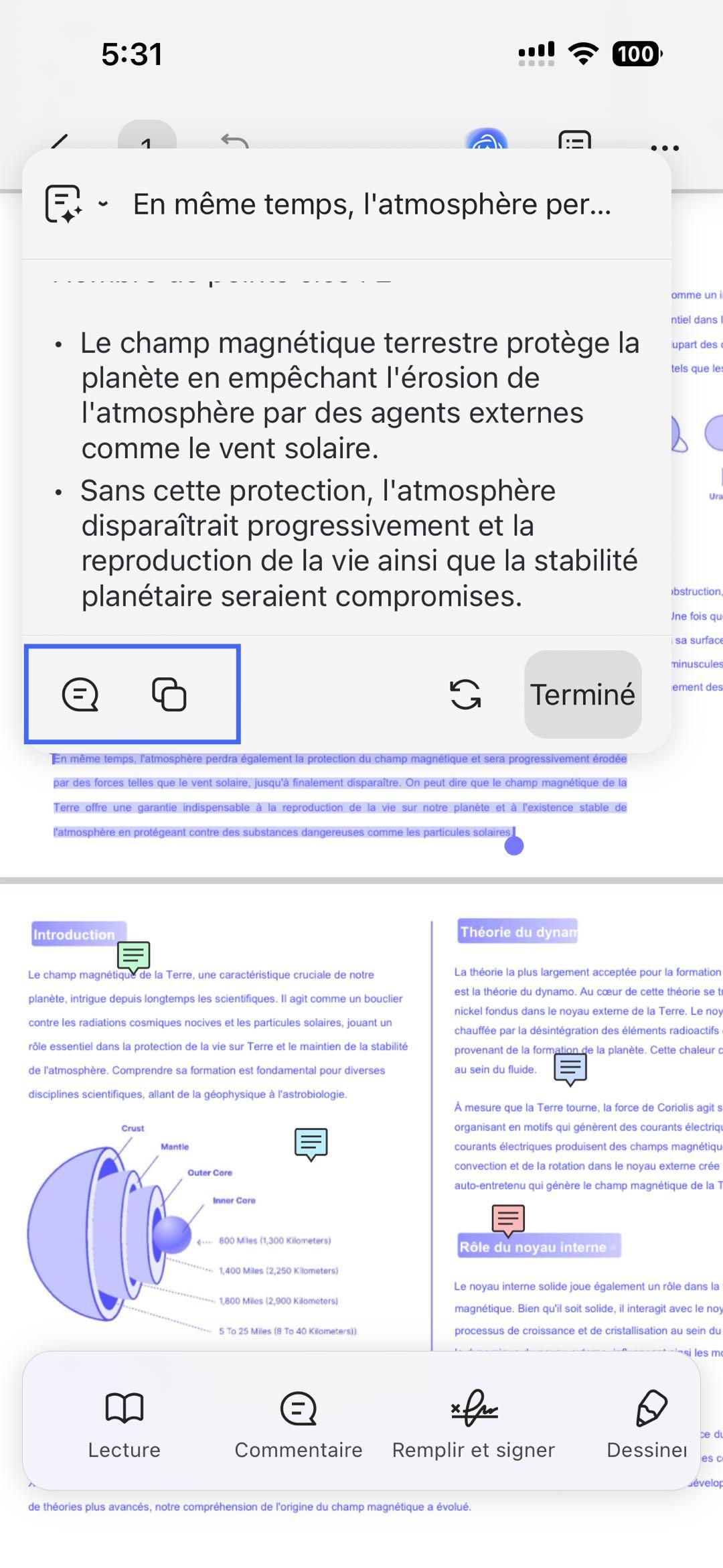 Expliquer le contenu après la sélection du texte