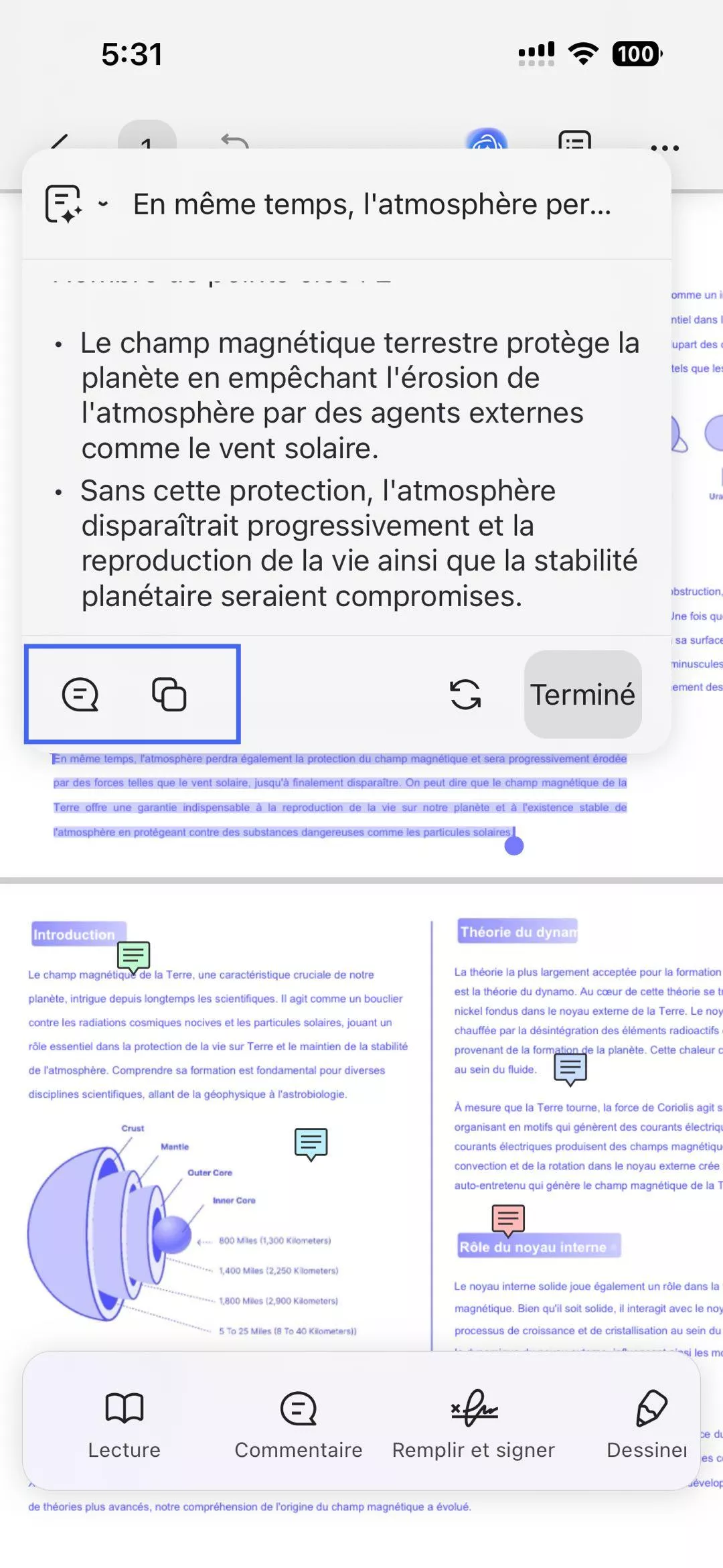 Expliquer le contenu après la sélection du texte